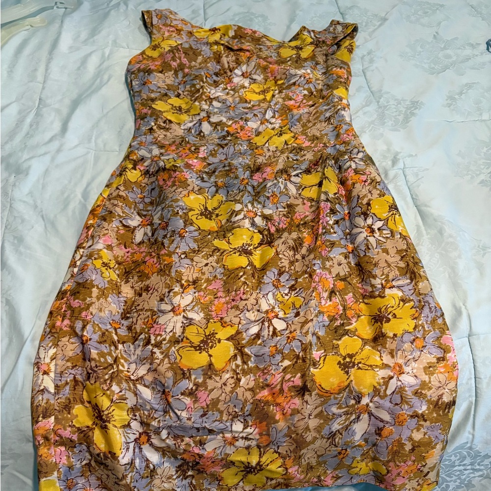 Vintage Floral Yellow, Tan and Blue Dress
